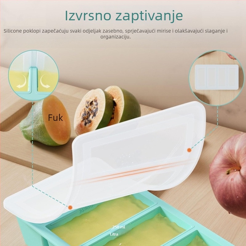 Silikonska posuda za led s poklopcem, 4 odjeljka, 80 ml po odjeljku, brzo zamrzavanje, prilagodljiv oblik