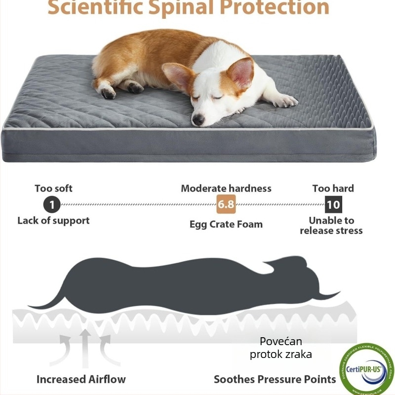 Ortopedska postelja za pse; platnena površina; vodootporna; odvojiva periva navlaka; protuklizna podloga; egg-crate pena