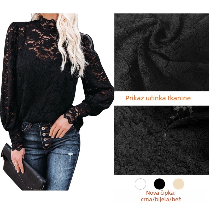 Čipkasti top sa stojećim ovratnikom, rukavi u stilu fenjera, dugi rukav, PVC materijal, podstava, proljeće 2025, osnovni gradski stil