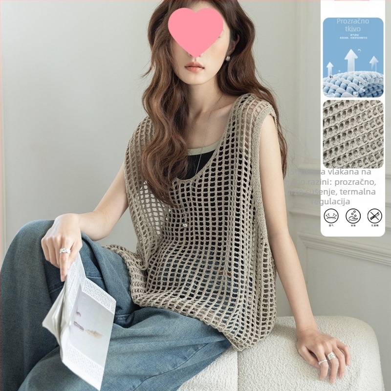 Ženski bezruk vest s mrežastim materijalom, U-izrez, standardna duljina; elastan ≤30% + drugi materijal 70–80%.