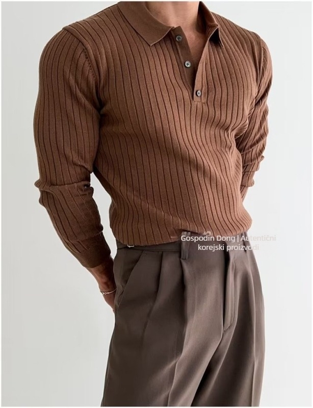 Muški pleteni polo džemper u korejskom stilu za jesen-zimu, dugih rukava, ovratnik s reverom, pamuk-poliester smjesa.