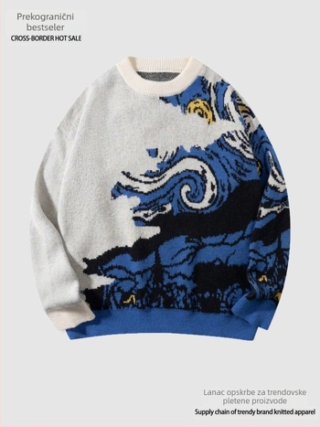 Pleteni pulover s labavim krojem, okrugli izrez, dugi rukavi, jacquard pletenina, akrilna smjesa