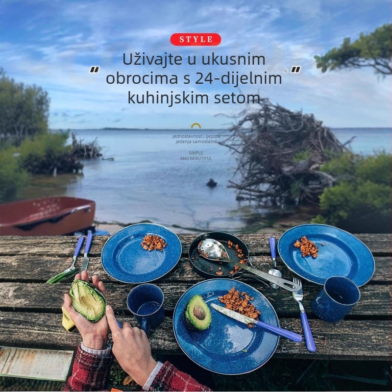 Set posuđa za kampiranje sa emajlom, 24 komada, od željeza s emajlom, retro stil, mogućnost prilagodbe