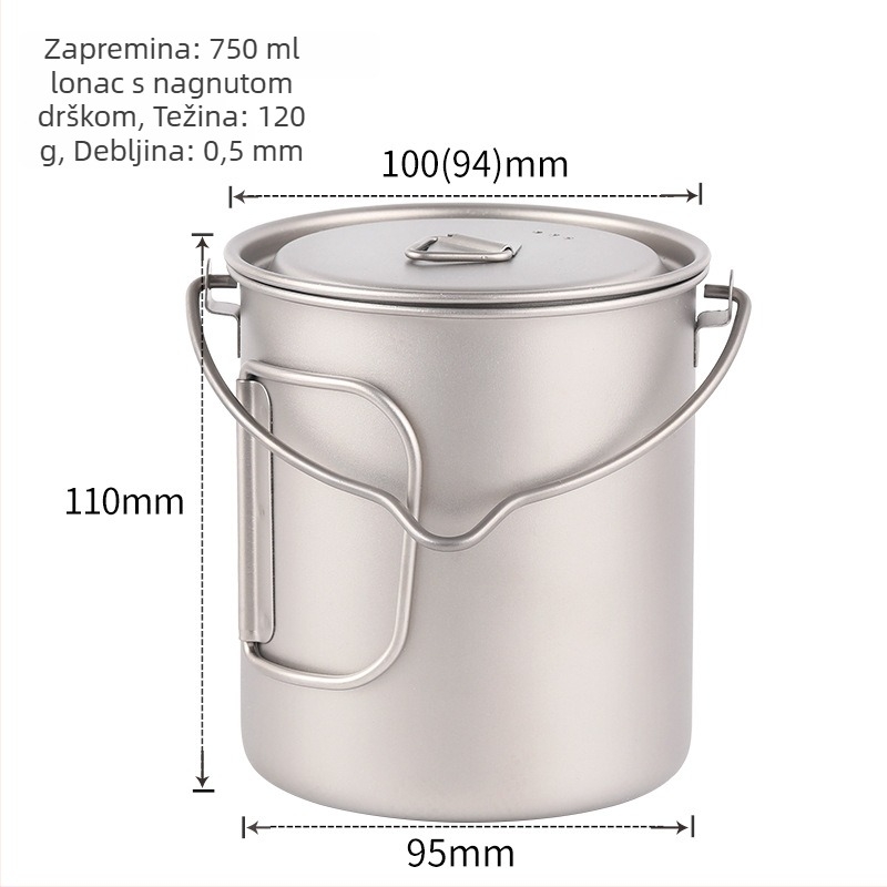 Vanjska šalica od čistog titana sa sklopivom ručkom, kutija za ručak s poklopcem, 750 ml, cilindričnog oblika, jednodjelna konstrukcija, otporna na visoke temperature, 120 g