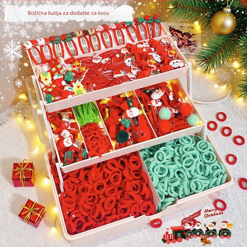 Set dodataka za kosu — ručno izrađeno, božićni crtani motiv, dizajn crtani lik, Séria princeza, kombinirani set kopči za kosu i gumica