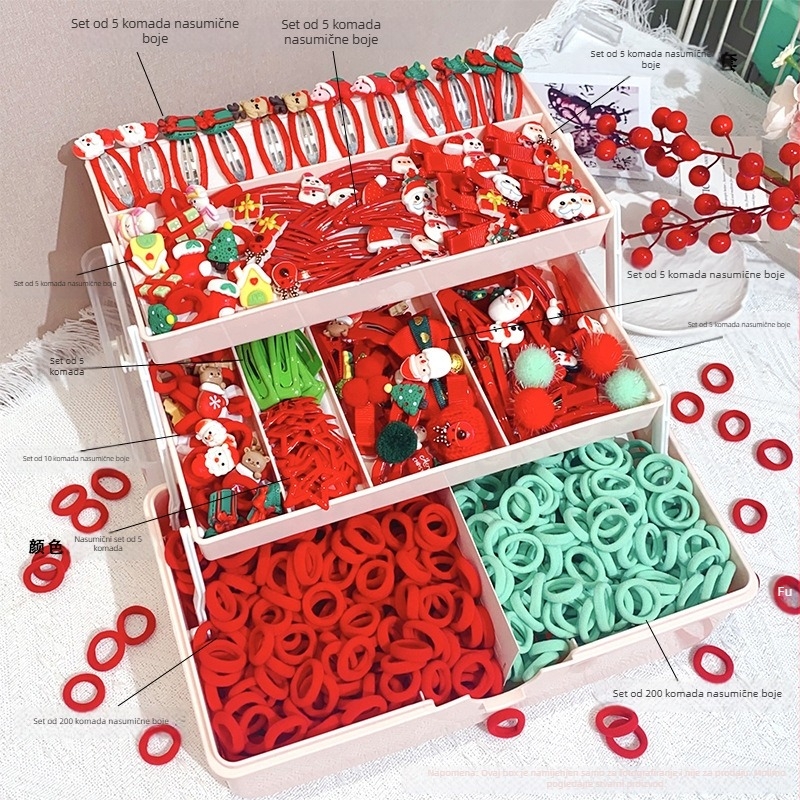 Set dodataka za kosu — ručno izrađeno, božićni crtani motiv, dizajn crtani lik, Séria princeza, kombinirani set kopči za kosu i gumica