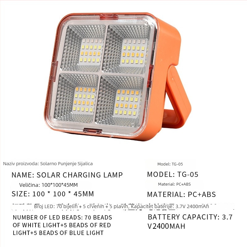 Solarna punjiva lampa za kampiranje — 80W, 5V, 6–12 sati rada, IP42, trajanje života 50 000 h