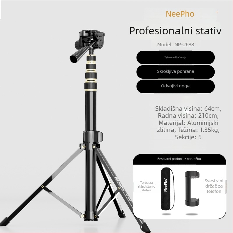 DSLR stativ NP-2688 Neepho, 3D gimball, aluminijska legura, 5 sekcija, nosivost 2–5 kg (pločica brzog otpuštanja)