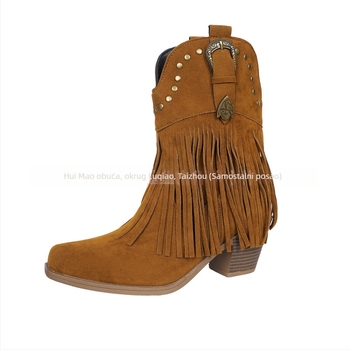 Čizme s resicama, velur gornji dio, oštar vrh, debeli potplat 6–8 cm, do polovine teleta, slip-on