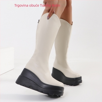 Ženske čizme do polovine potkoljenice s ultrahidim klinskim petom, okrugli vrh, PU gornji dio, pull-on