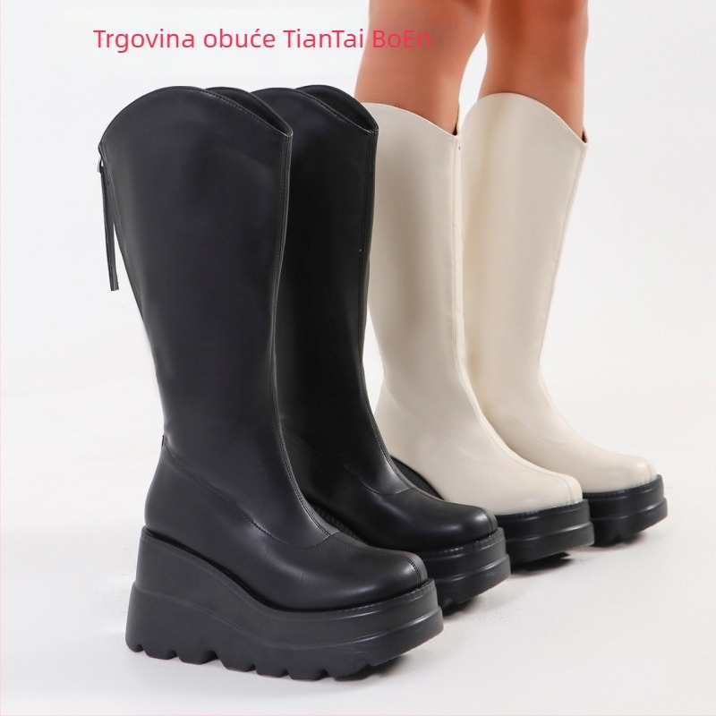 Ženske čizme do polovine potkoljenice s ultrahidim klinskim petom, okrugli vrh, PU gornji dio, pull-on