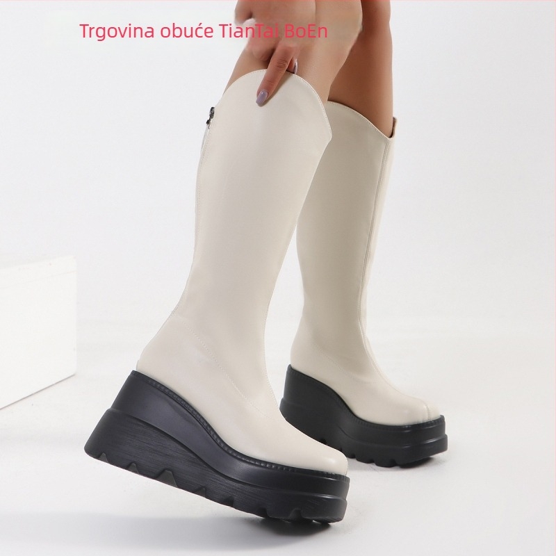 Ženske čizme do polovine potkoljenice s ultrahidim klinskim petom, okrugli vrh, PU gornji dio, pull-on