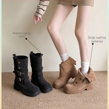 Ženske Martin gležnjače srednje visine, debeli potplat; gornji dio: kravlji velur; potplat: guma; nos: okrugli; peta: debeli blok; visina pete 3–5 cm; stil: književno-retro; značajke: vodootporne, protuklizne, tople, otporne na habanje.