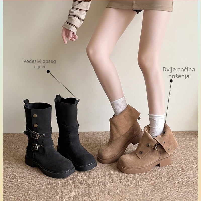 Ženske Martin gležnjače srednje visine, debeli potplat; gornji dio: kravlji velur; potplat: guma; nos: okrugli; peta: debeli blok; visina pete 3–5 cm; stil: književno-retro; značajke: vodootporne, protuklizne, tople, otporne na habanje.