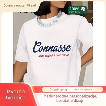 Ženski pamučni T‑shirt s otiskom, okrugli izrez, kratki rukavi, 95%+ pamuk, pulover stil