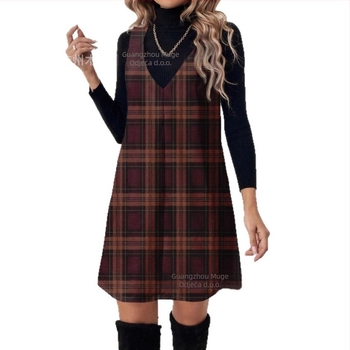 Ženska haljina A-linije s kariranim uzorkom, srednja duljina, poliester, slobodan kroj, retro šumski stil