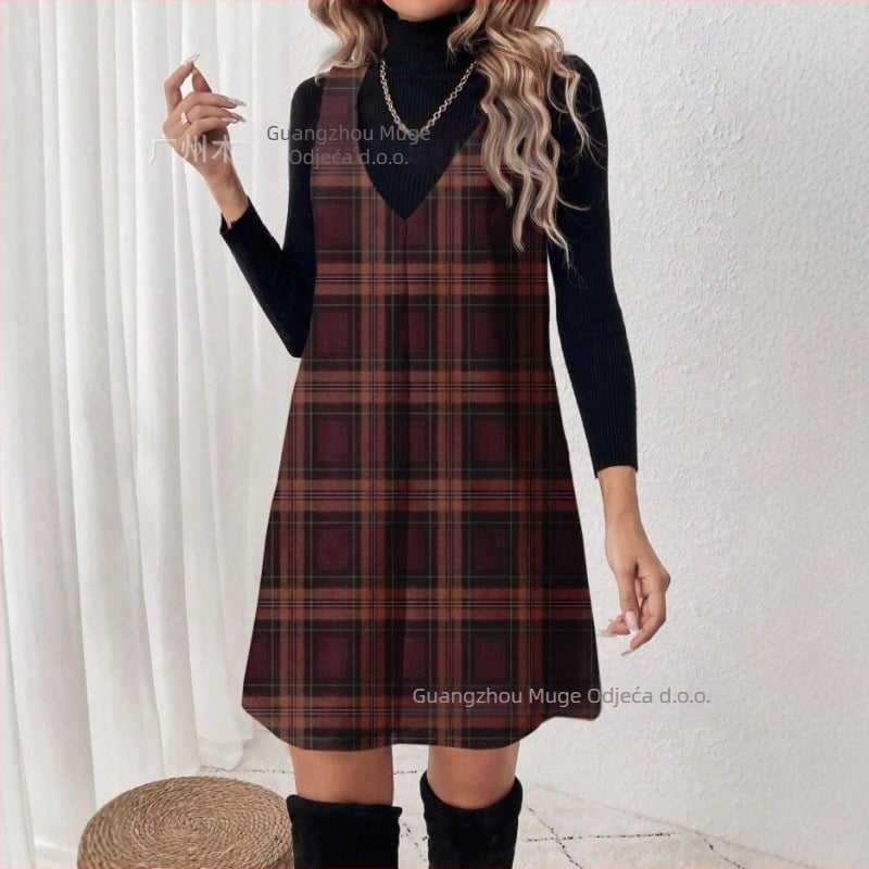 Ženska haljina A-linije s kariranim uzorkom, srednja duljina, poliester, slobodan kroj, retro šumski stil