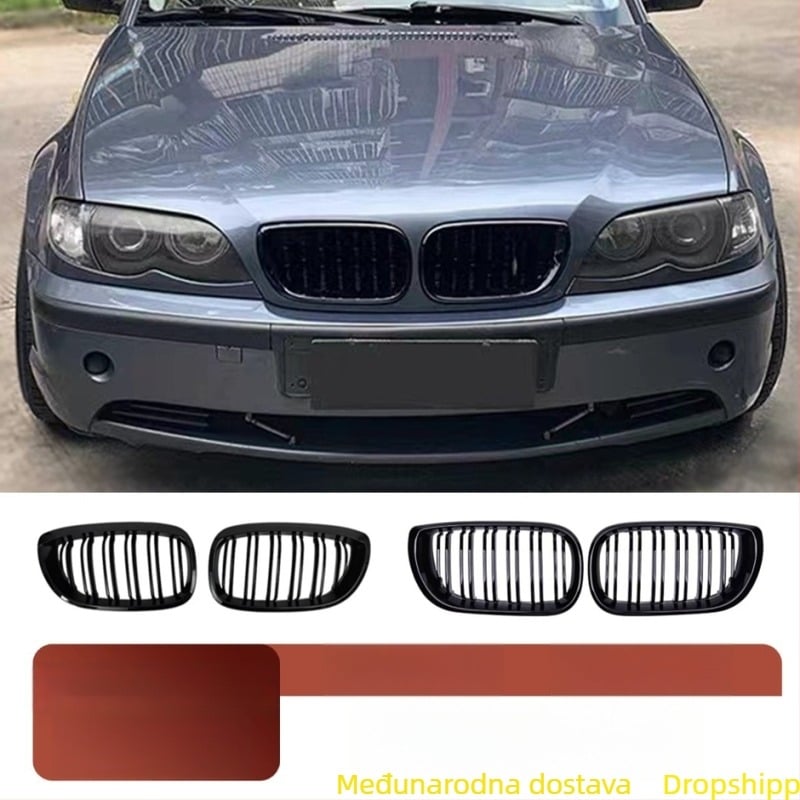 BMW 3-serija E46 rešetka hladnjaka s dvostrukim trakama – ABS plastika, ugradnja na branik, masa 520 g, kompatibilno s 02–05 E46