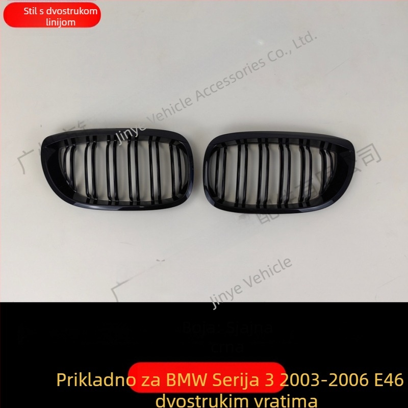 BMW 3-serija E46 rešetka hladnjaka s dvostrukim trakama – ABS plastika, ugradnja na branik, masa 520 g, kompatibilno s 02–05 E46
