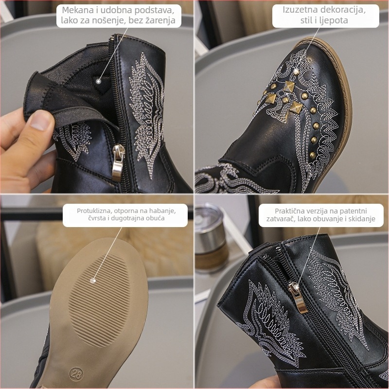 Dječje čizme za djevojčice u retro Western stilu sa kristalima i izvezenim detaljima, visokim gornjim dijelom, od umjetne kože, jednobojni uzorak, gumeni potplat, za uzrast 7–16 godina