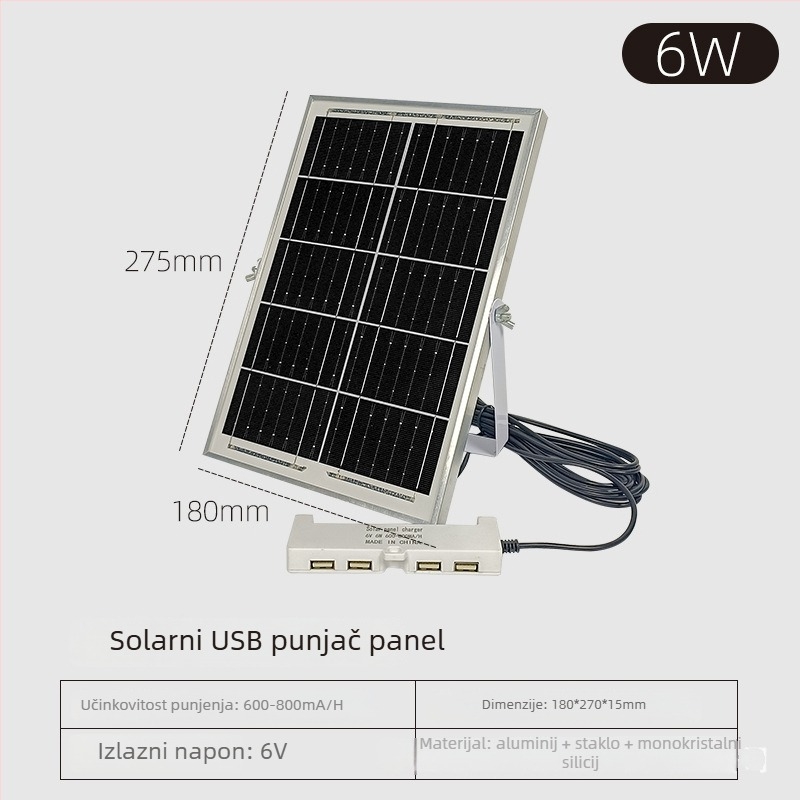 Solarna produžni kabel s USB za napajanje rasvjetnih tijela, IP65, 6-15W, 6V, ručni prekidač, trajanje osvjetljenja 6-12 sati
