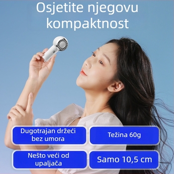 USB ručni i za oko vrata ventilator s 5 plastičnim lopaticama, motor s četkama, ugrađena baterija 300–500 mAh, 3 brzine, USB punjenje