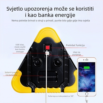 Trokutni upozoravajući znak za automobil na stalak, reflektirajuća LED svjetlost, ABS konstrukcija, napajanje 5V