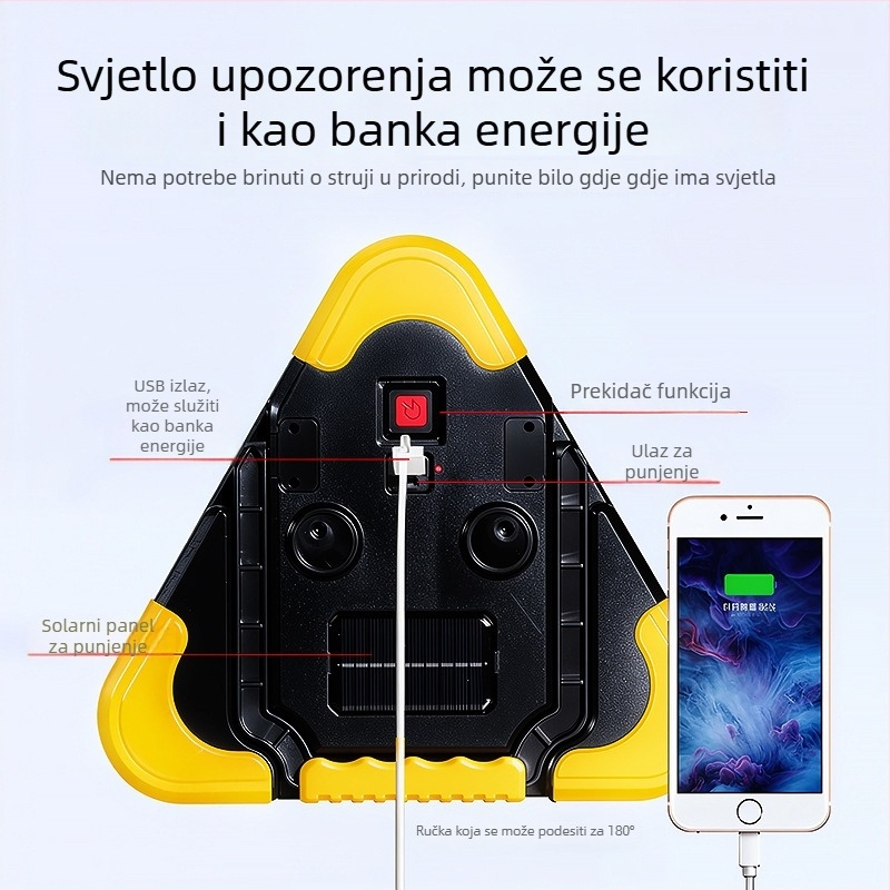 Trokutni upozoravajući znak za automobil na stalak, reflektirajuća LED svjetlost, ABS konstrukcija, napajanje 5V