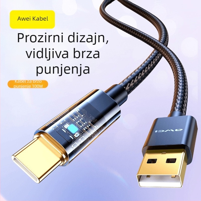 Awei Yongwei 100W kabel za podatke s brzim punjenjem - USB-C i Lightning, dvostruki interfejs, brz prijenos podataka