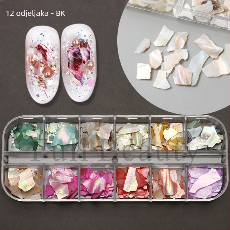 Set za manikuru s irizirajućim Bohai Bay mikama, komadi abalona i školjki – 15 g, licencirana privatna oznaka, Full Beauty