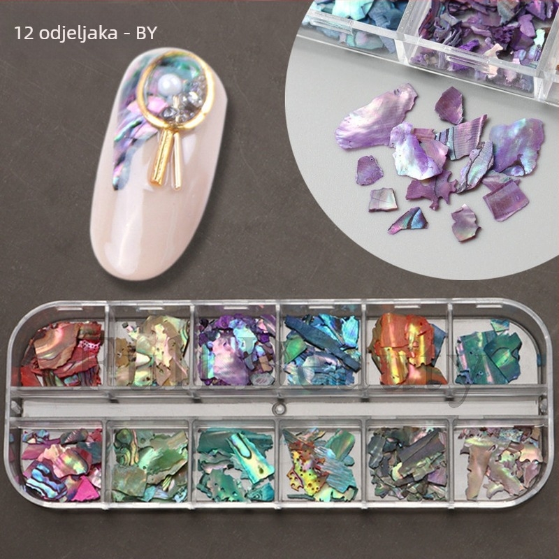 Set za manikuru s irizirajućim Bohai Bay mikama, komadi abalona i školjki – 15 g, licencirana privatna oznaka, Full Beauty
