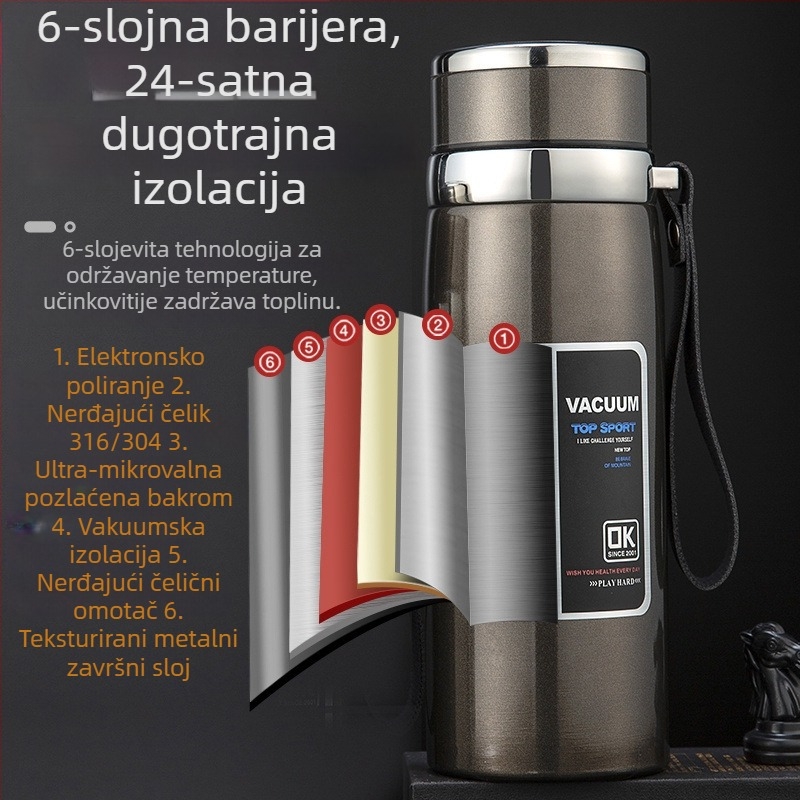 Termos od nehrđajućeg čelika s unutarnjim spremnikom 304 i vanjskim kućištem 201, sportski stil, prijenosan, zadržava toplinu više od 36 sati