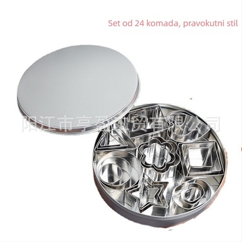 24-djelni set kalupa za kekse od nehrđajućeg čelika za kekse, fondant i pečenje; oblici: srce, zvijezda, cvijet, kvadrat, krug, trokut, oval i heksagon; HY-244