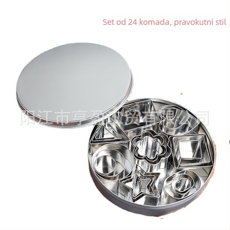 24-djelni set kalupa za kekse od nehrđajućeg čelika za kekse, fondant i pečenje; oblici: srce, zvijezda, cvijet, kvadrat, krug, trokut, oval i heksagon; HY-244