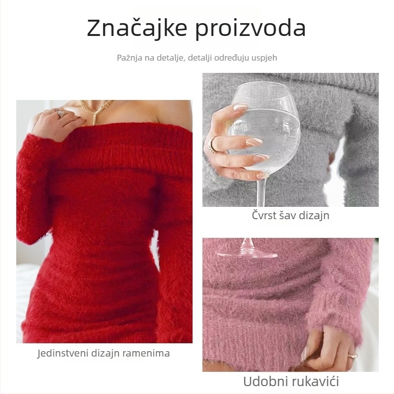 Haljina s otvorenim ramenima, dugim rukavima, elastičnim pojasom, od akrilnog vlakna, jednofarebni uzorak