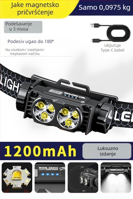 Čelna lampica s integriranom litijskom baterijom velikog kapaciteta, vodootporna, težina 97,5 g, elastična traka za glavu