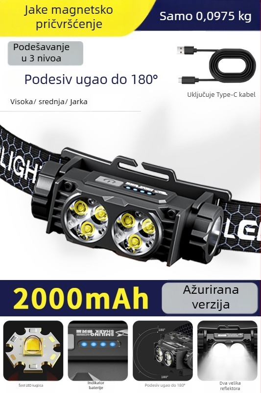 Čelna lampica s integriranom litijskom baterijom velikog kapaciteta, vodootporna, težina 97,5 g, elastična traka za glavu