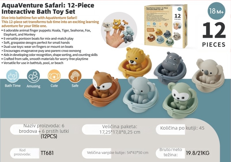 Igračke za vodu za bebe i malu djecu – slaganje plutajućih čamaca sa životinjama za prste (Materijal: plastika; Funkcija: slaganje čamaca; Kategorija: vodene igračke; Dobna skupina: 0–3 godine)