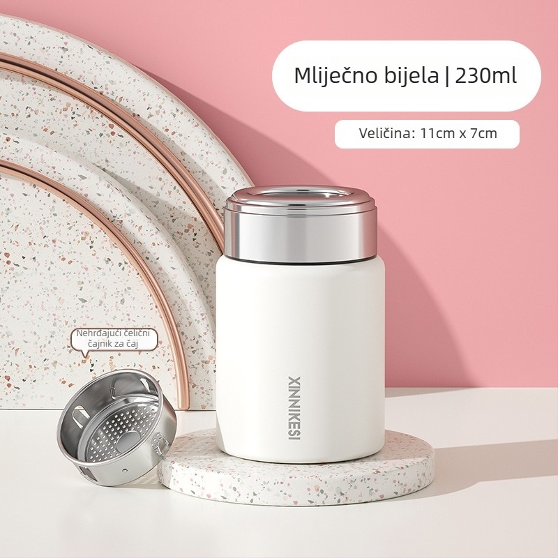 Mini termos šalica za žene, lagana i kompaktna, odvajanje čaja i vode; unutarnji spremnik 316 SS, vanjski 304 SS, vakuumska izolacija 0–6 h, mogućnost tiskanja logotipa