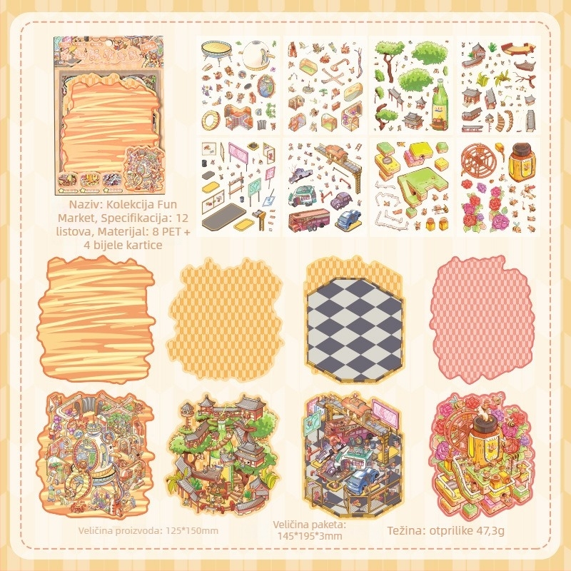 3D mini pejzažne naljepnice - slojevita kućna scena, DIY, crtani stil, 12 kom