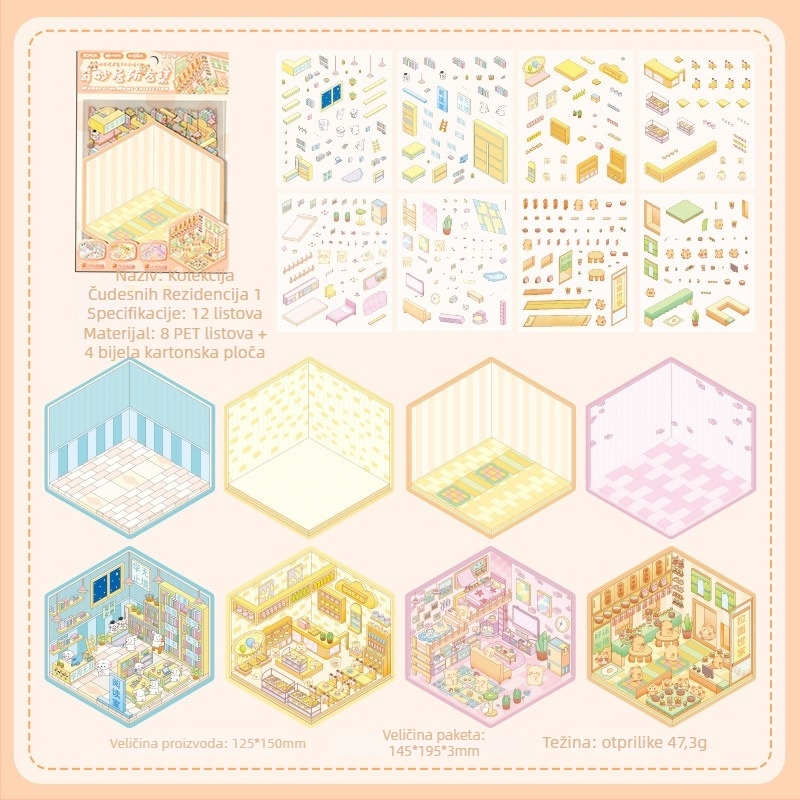 3D mini pejzažne naljepnice - slojevita kućna scena, DIY, crtani stil, 12 kom