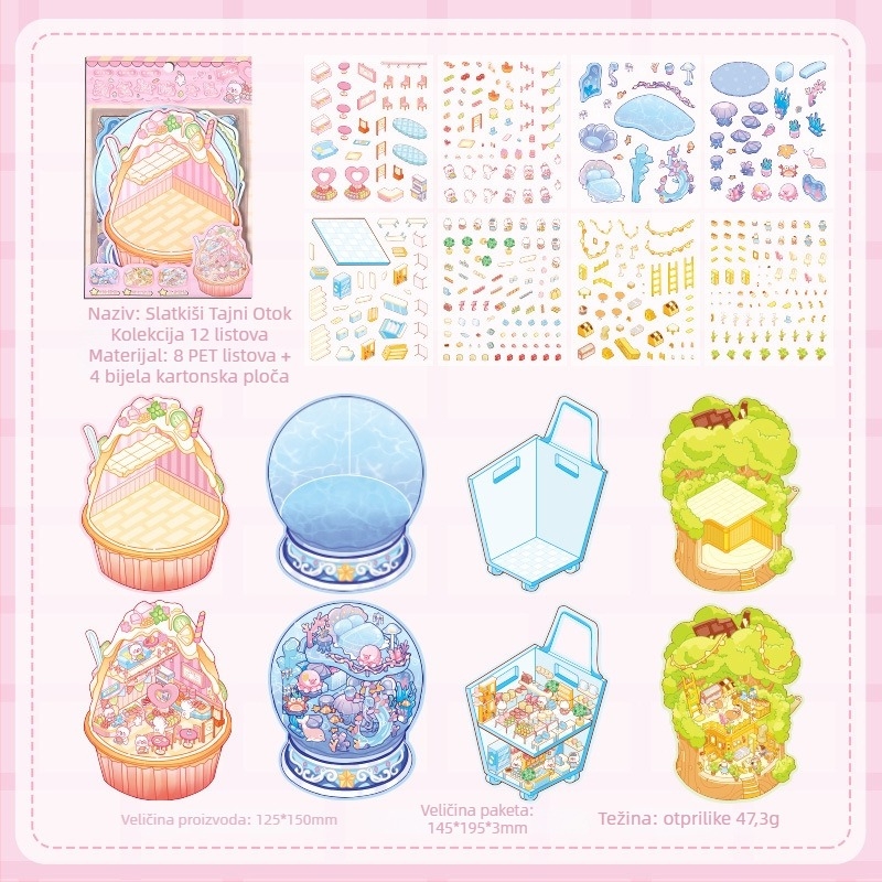 3D mini pejzažne naljepnice - slojevita kućna scena, DIY, crtani stil, 12 kom