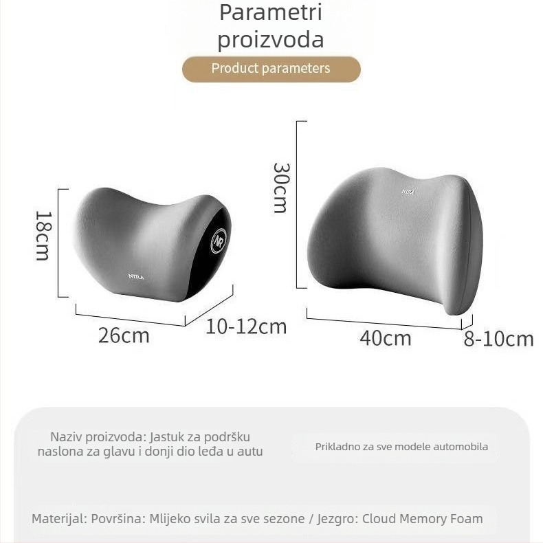 Jastuk za glavu i lumbalnu podršku za automobil s memorijskom pjenom, sintetička vlakna, univerzalna kompatibilnost, mogućnost prilagođavanja, tiskanje loga