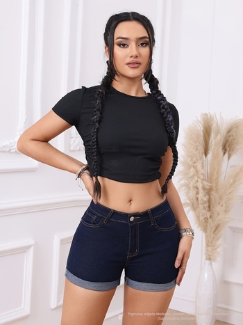 Ženski džins šorts-skort, srednji pojas, uski kroj, ručno distresirano, denim s pamukom