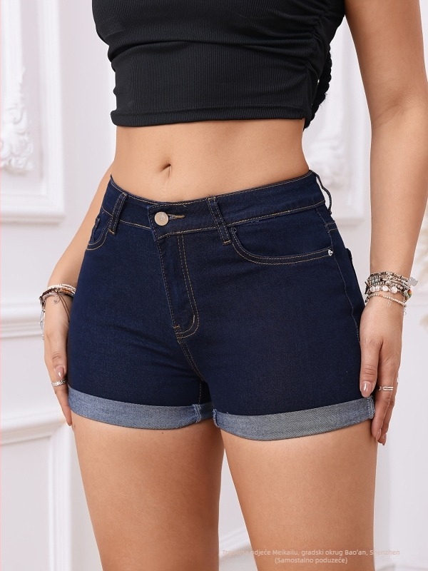 Ženski džins šorts-skort, srednji pojas, uski kroj, ručno distresirano, denim s pamukom