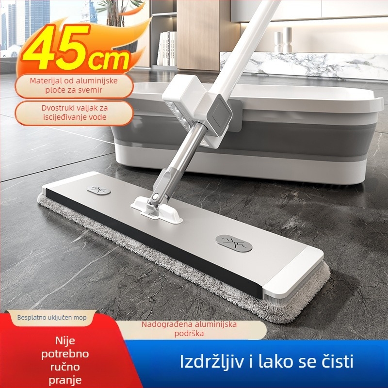 Plosnati mop za kućnu upotrebu s ultrafinim vlaknom, nehrđajući čelični držač, dvostruki pogon, 90–100% iscijeđivanje