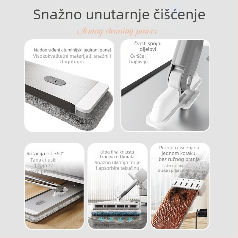 Plosnati mop za kućnu upotrebu s ultrafinim vlaknom, nehrđajući čelični držač, dvostruki pogon, 90–100% iscijeđivanje