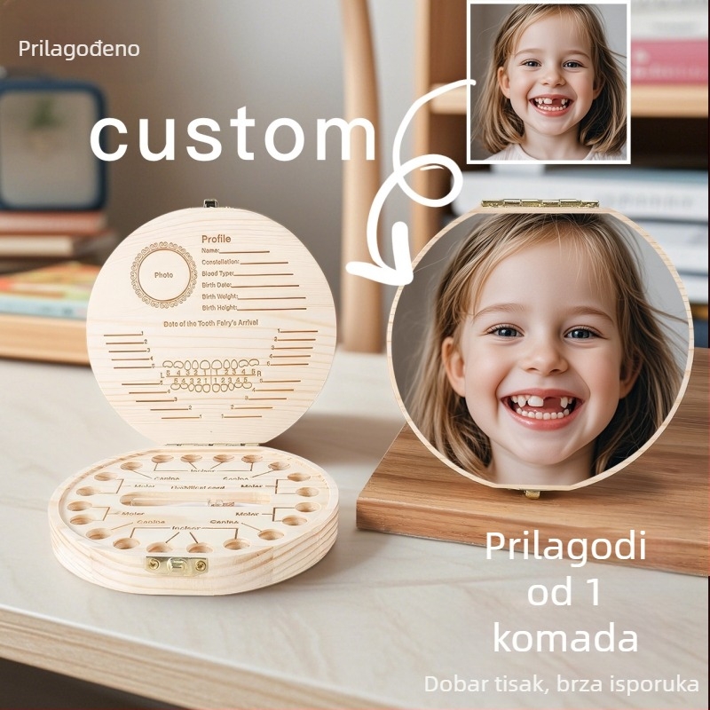Drvena kutija za čuvanje prvih mliječnih zuba djeteta s personaliziranim poklopcem i tiskom fotografija