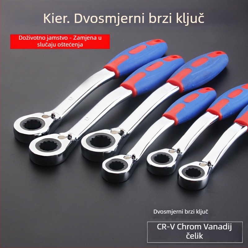 Ključ clichet s reverzibilnim automatskim radom, dvostruka uporaba, plastična zakrivljena drška, visoko ugljično čelično