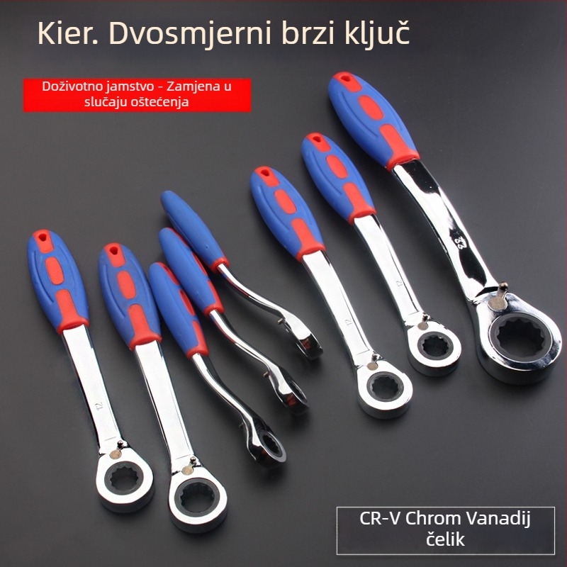 Ključ clichet s reverzibilnim automatskim radom, dvostruka uporaba, plastična zakrivljena drška, visoko ugljično čelično